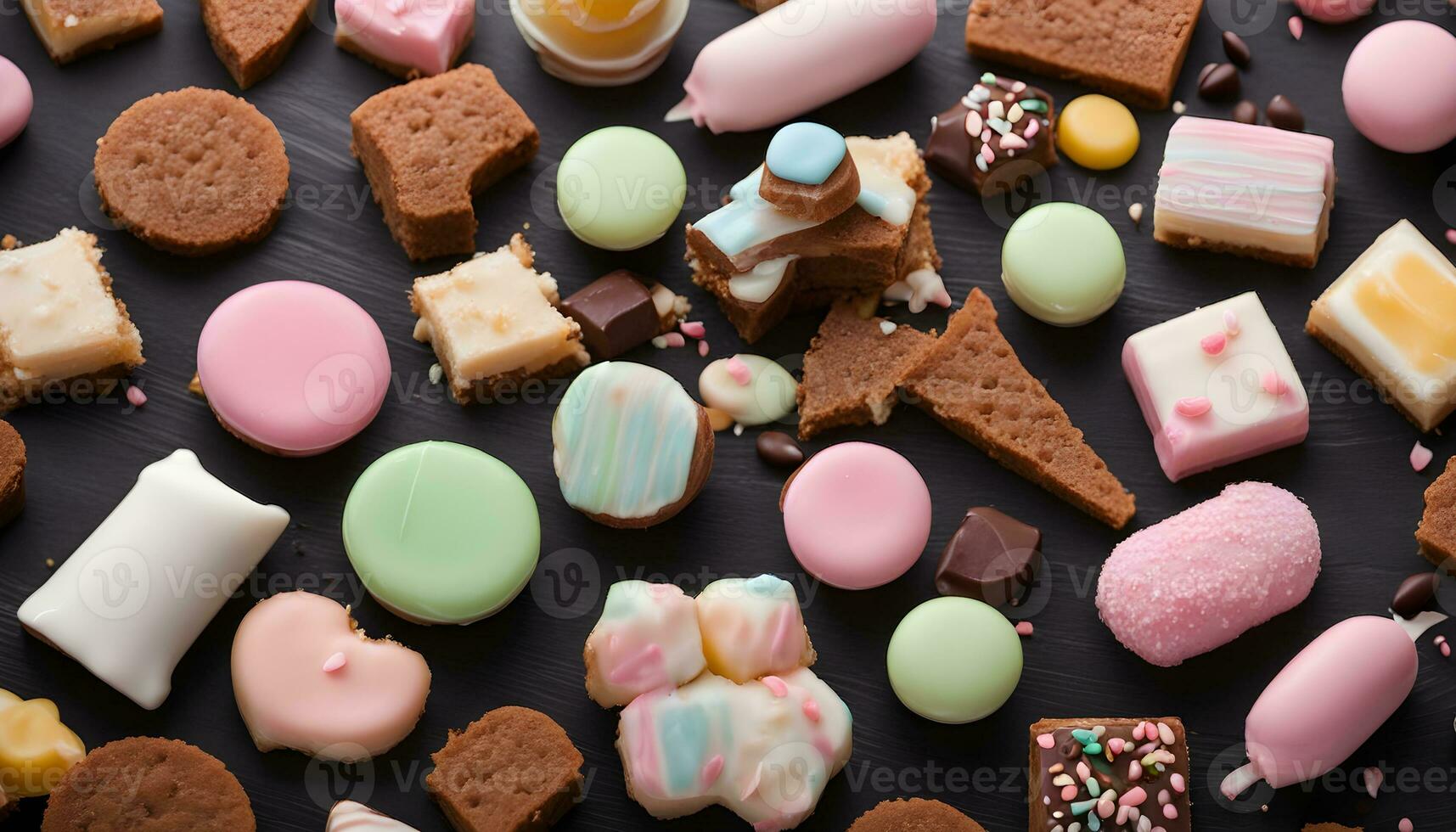 AI generated a variety of different types of sweets on a black background photo