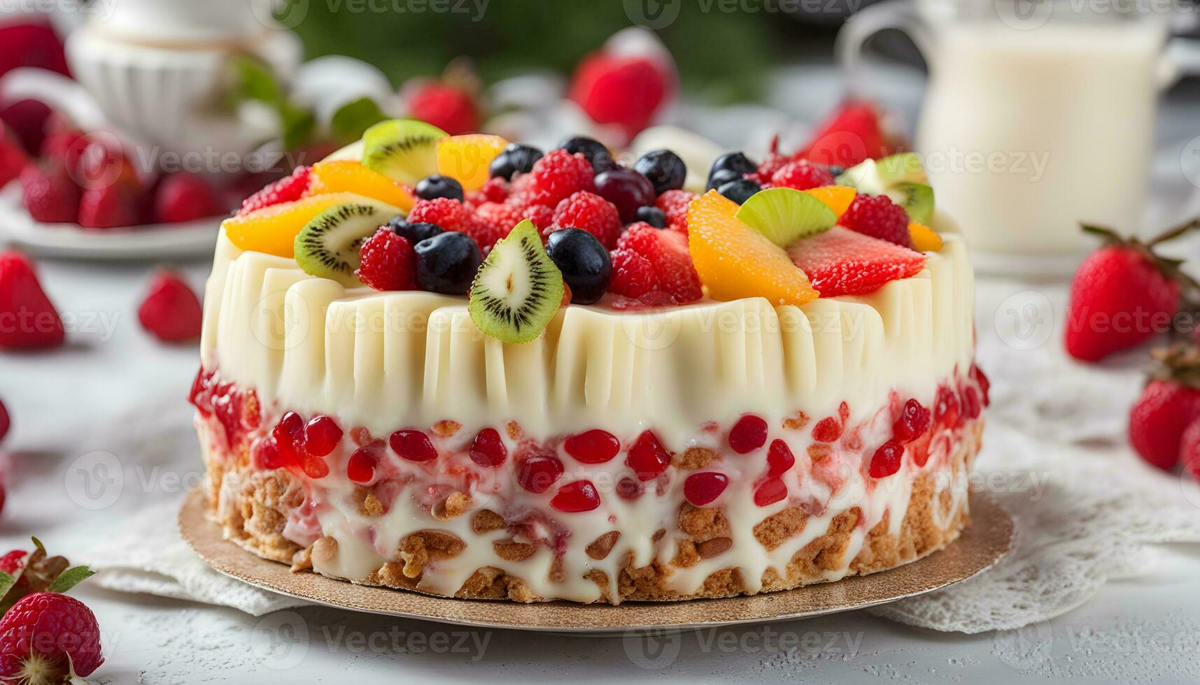 AI generated a cake with fruit on top and a glass of milk photo