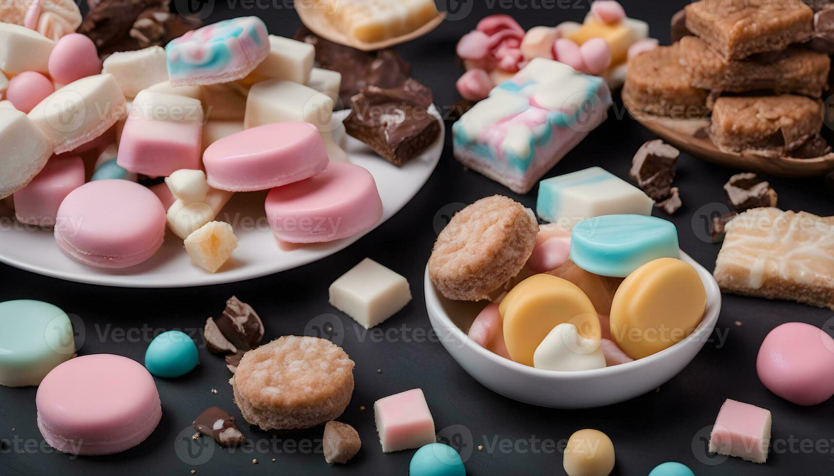 AI generated various types of sweets and candies on a black background photo