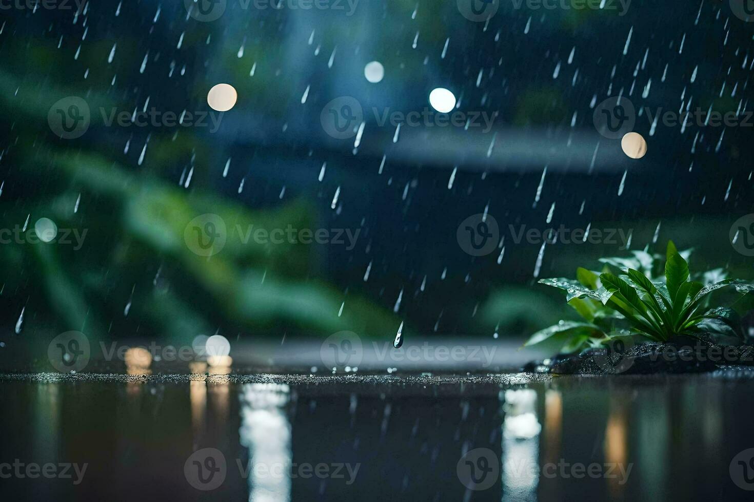 ai generado lluvia que cae en un planta en el lluvia foto