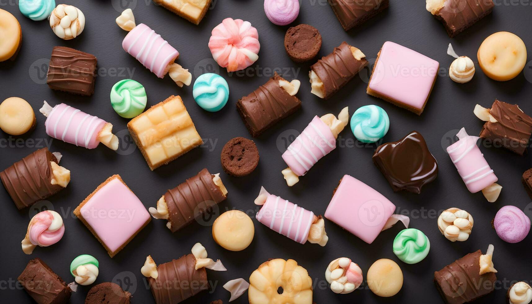 AI generated assorted sweets and candies on a black background photo