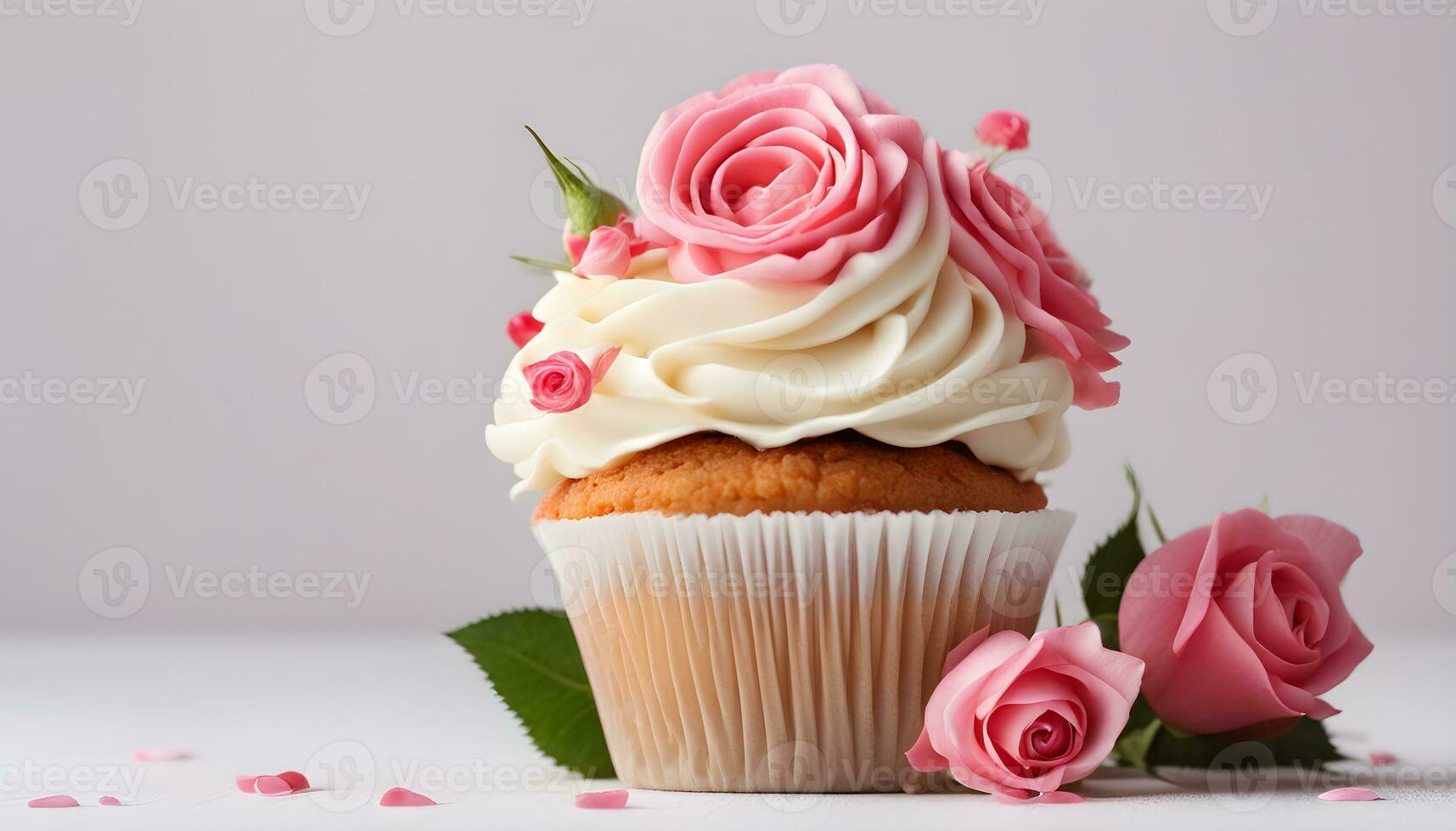 AI generated cupcake with pink roses on white background photo