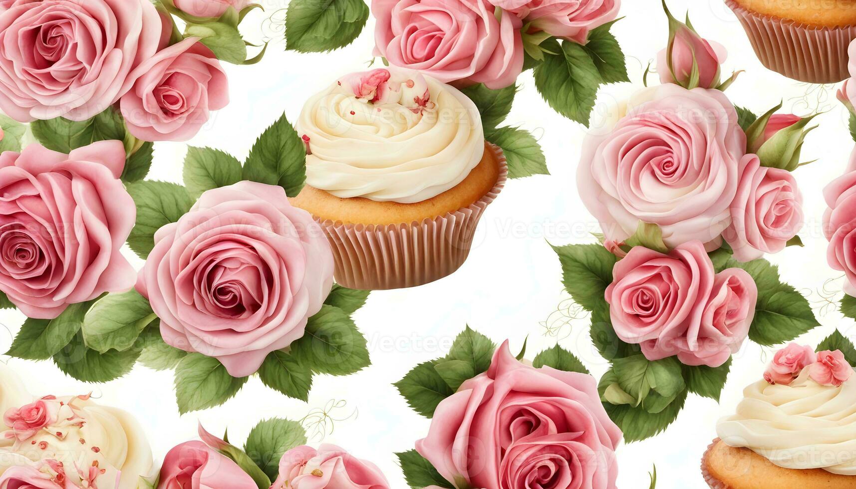 AI generated cupcakes with pink roses on a white background photo