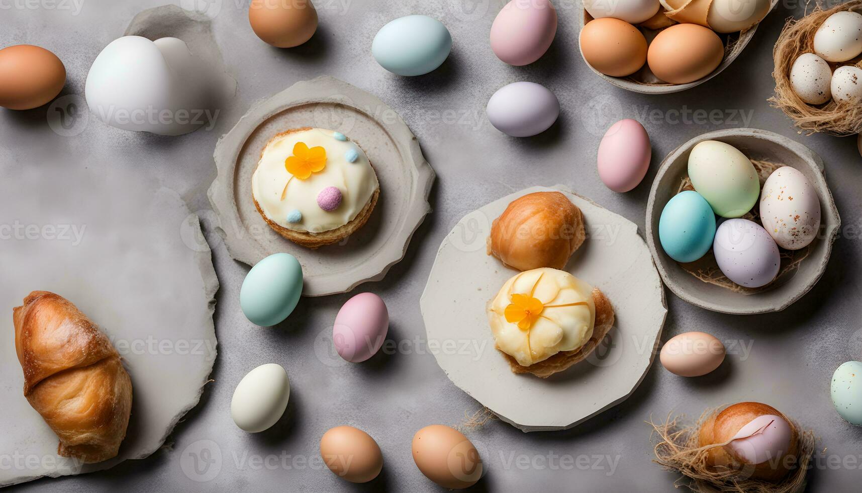 ai generado Pascua de Resurrección huevos y croissants en un gris antecedentes foto