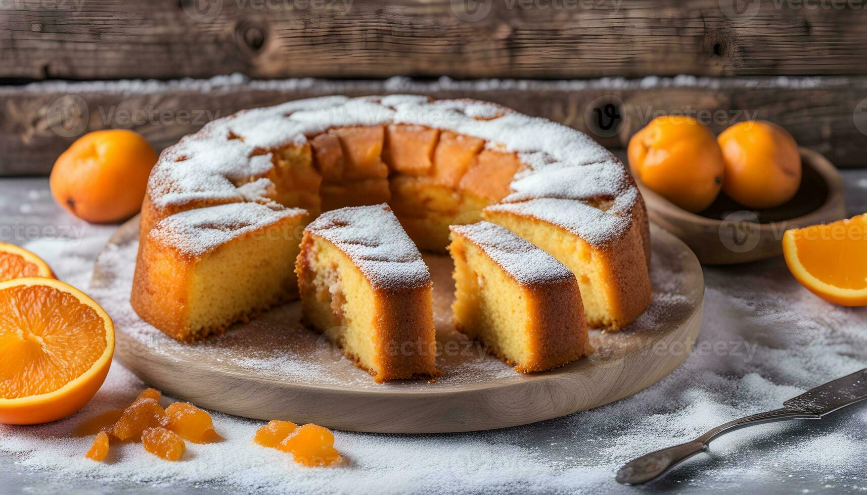 ai generado un bundt pastel con naranja rebanadas en un de madera mesa foto