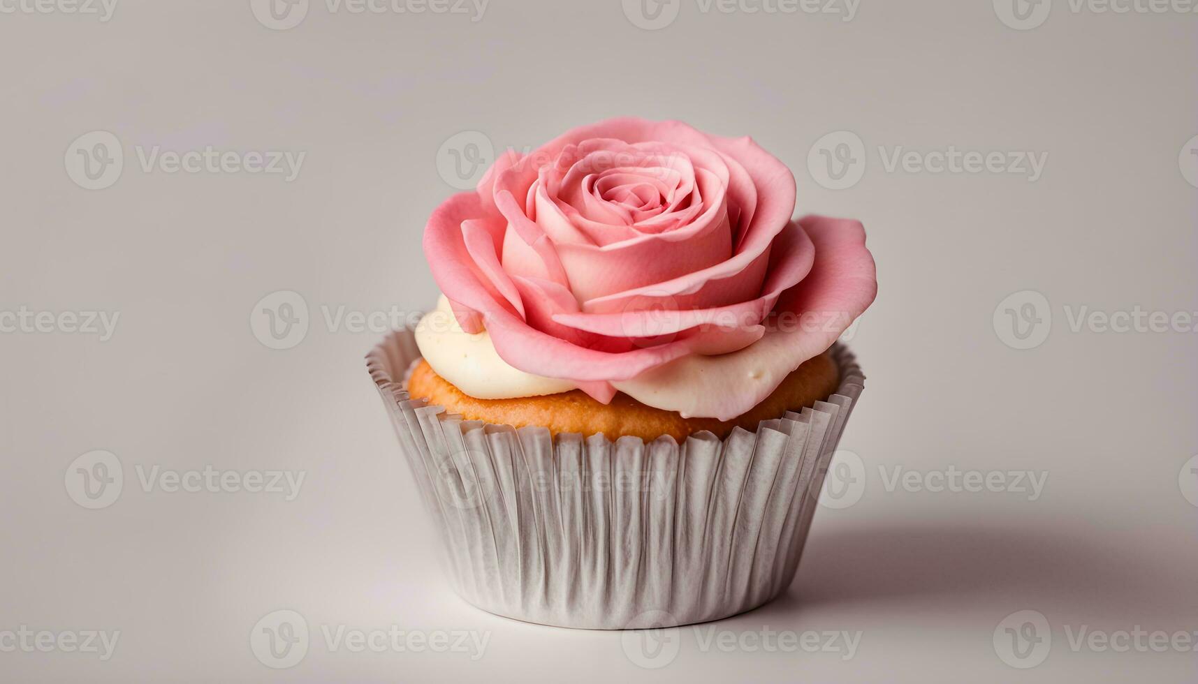AI generated a cupcake with a pink rose on top photo