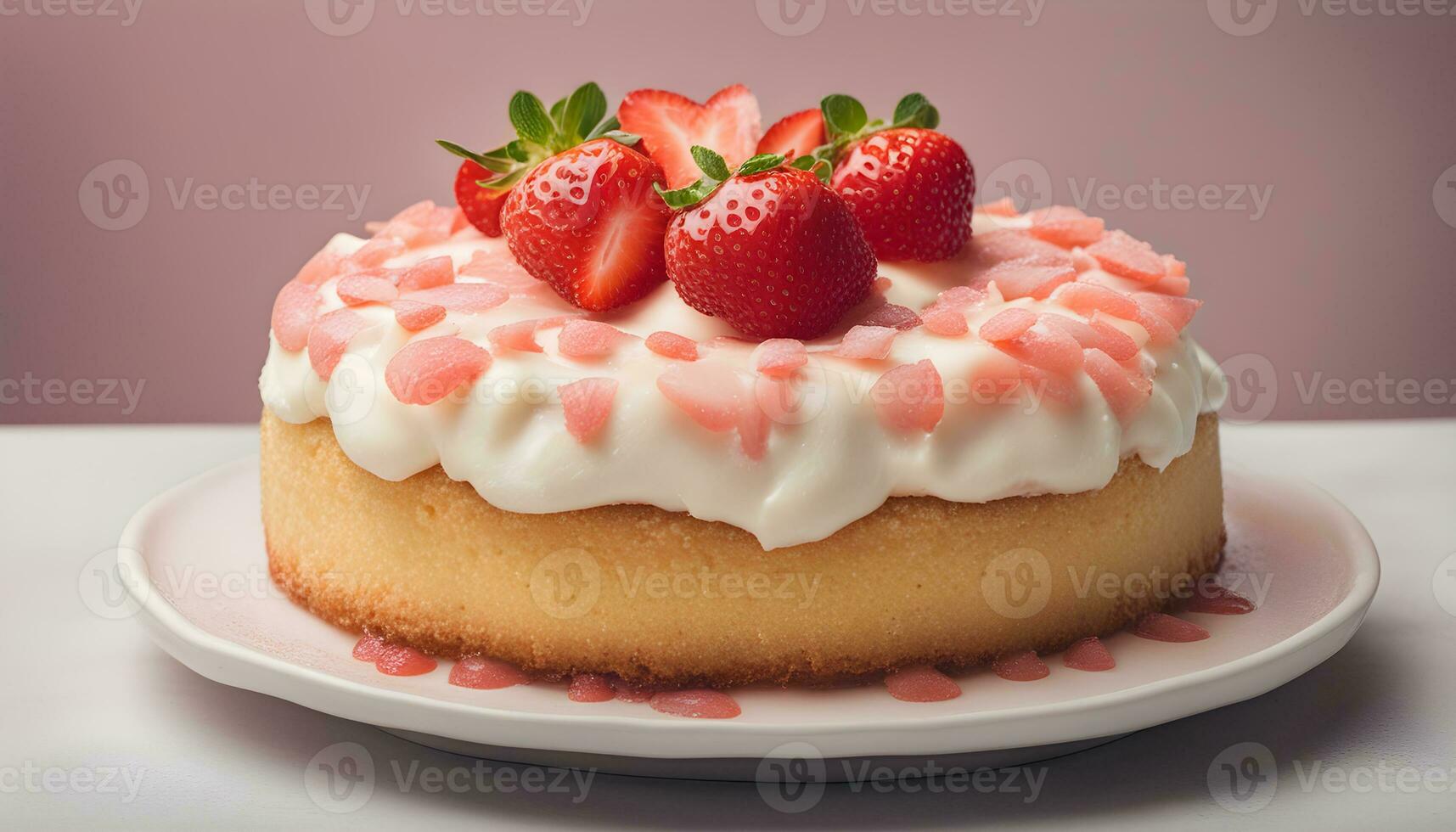 ai generado un pastel con fresas y crema en parte superior foto