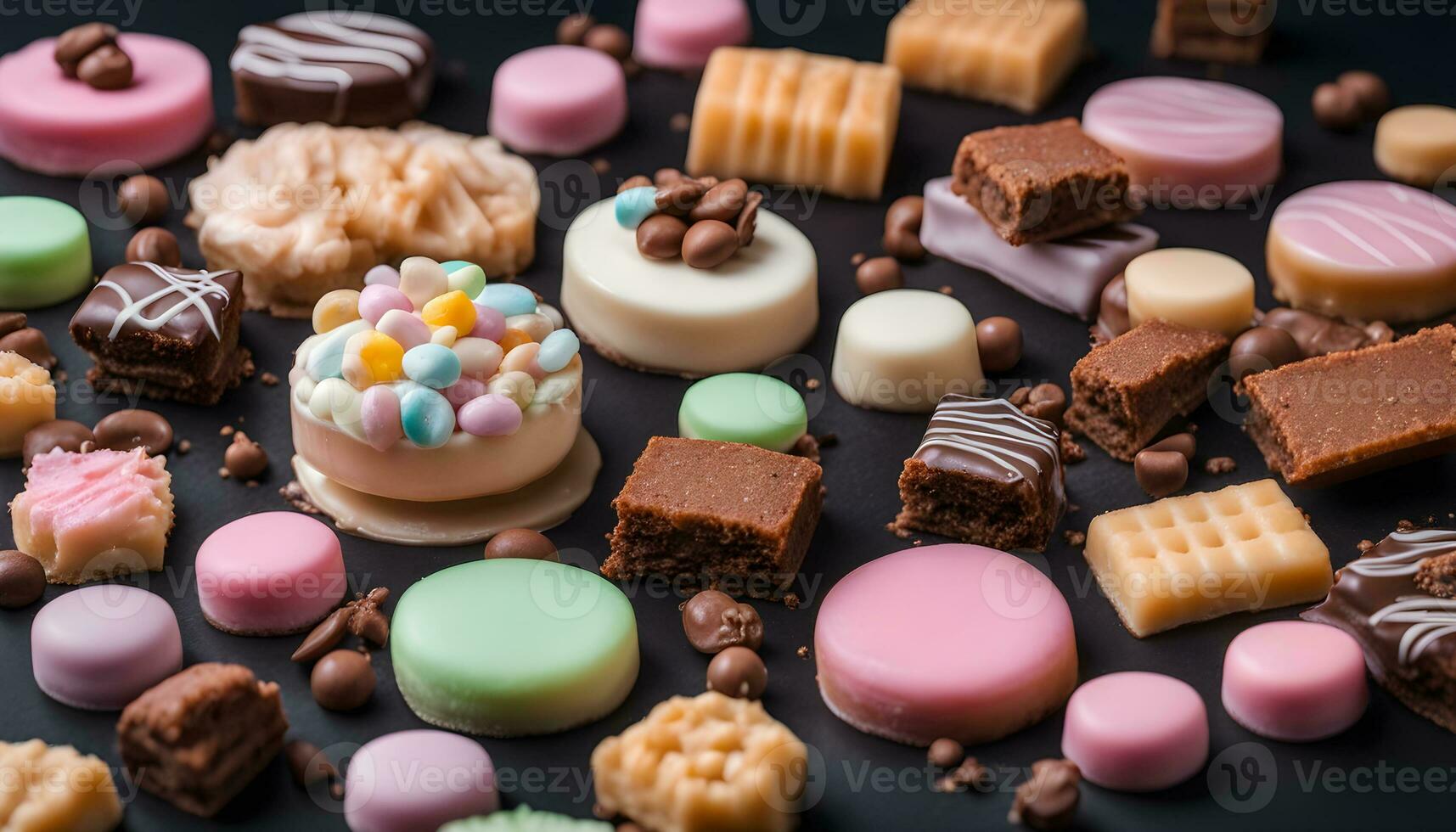 AI generated assortment of chocolates and sweets on black background photo