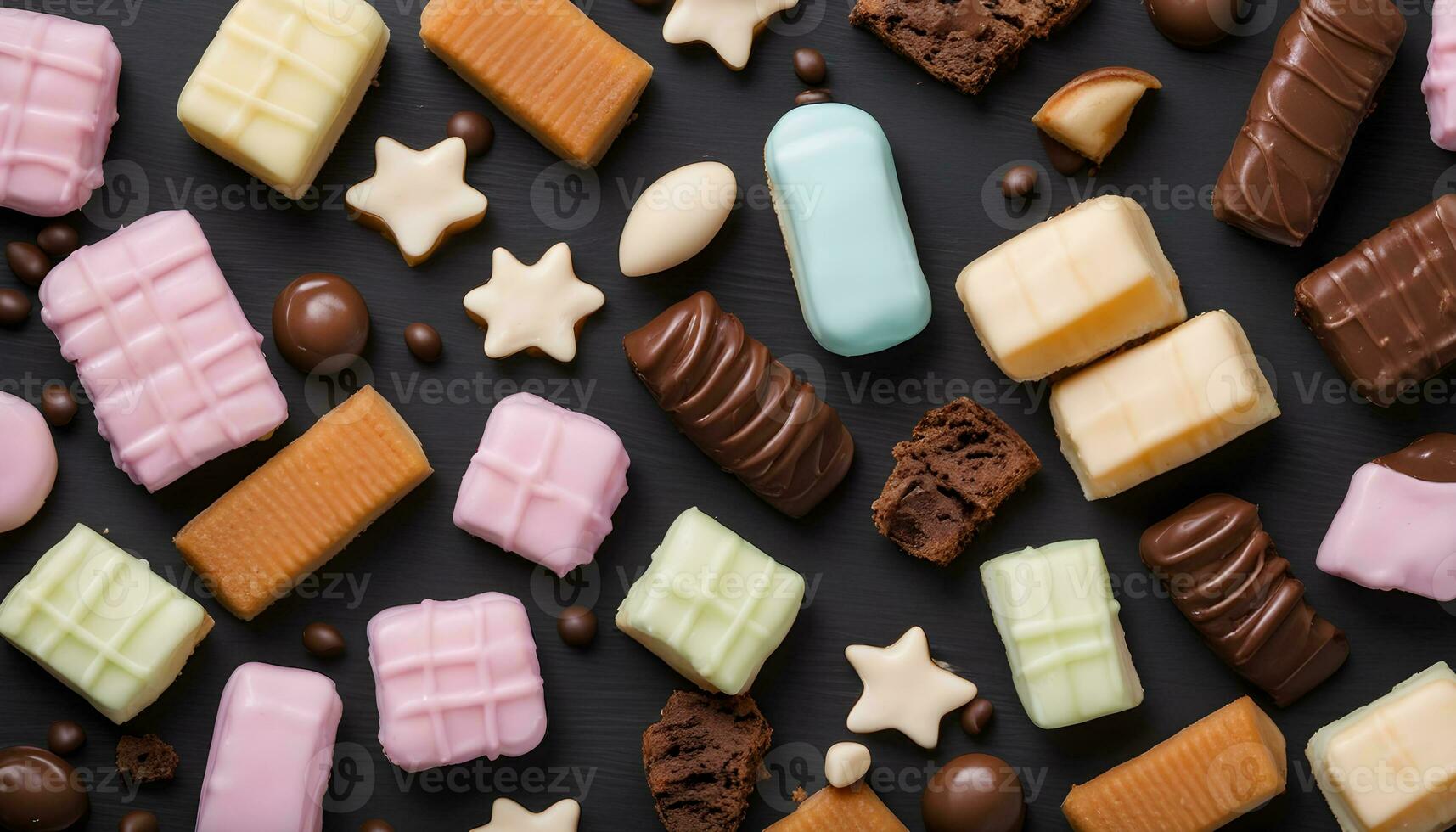 AI generated various types of chocolate and candy on a black background photo