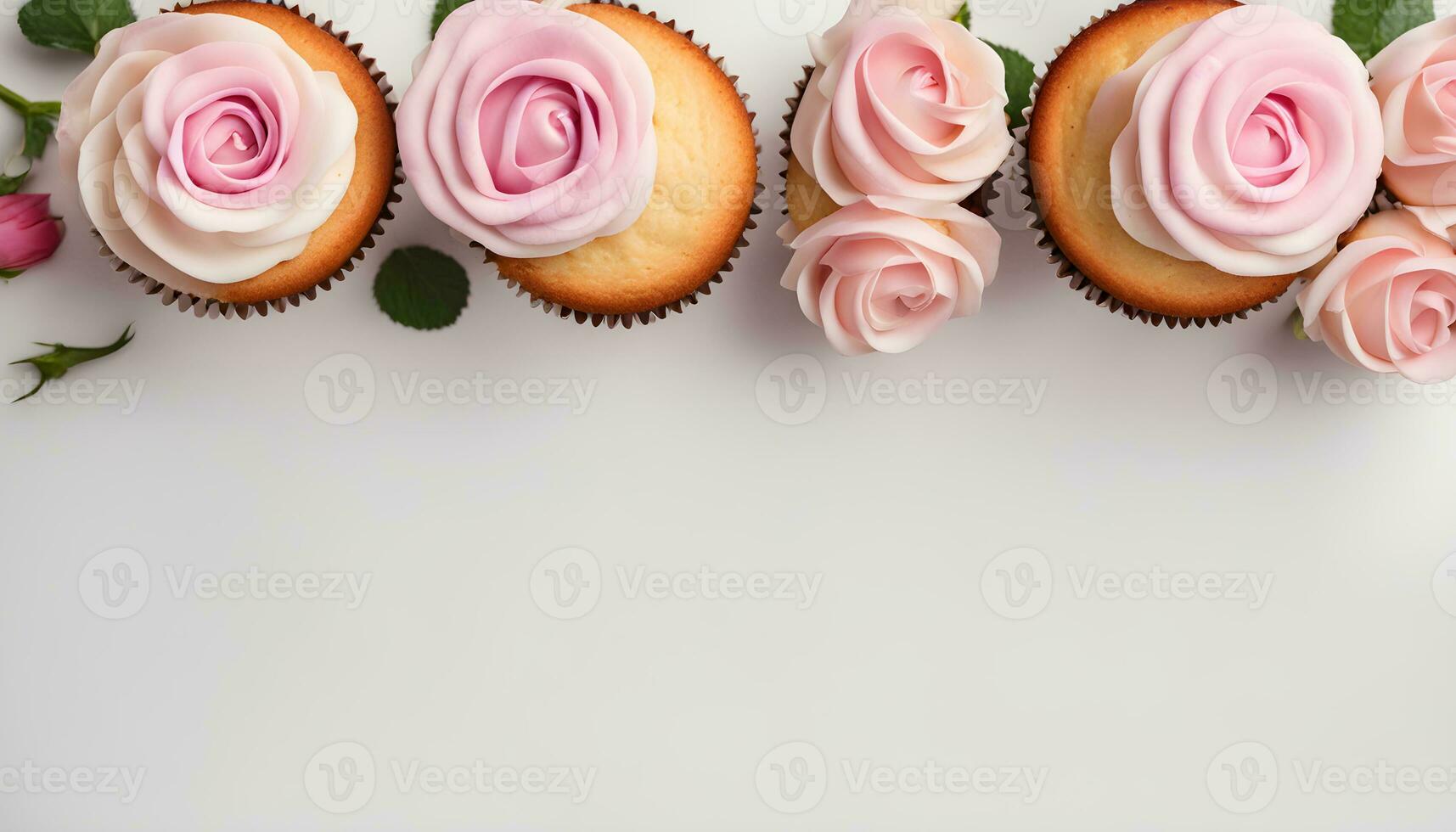 AI generated cupcakes with pink roses on white background photo