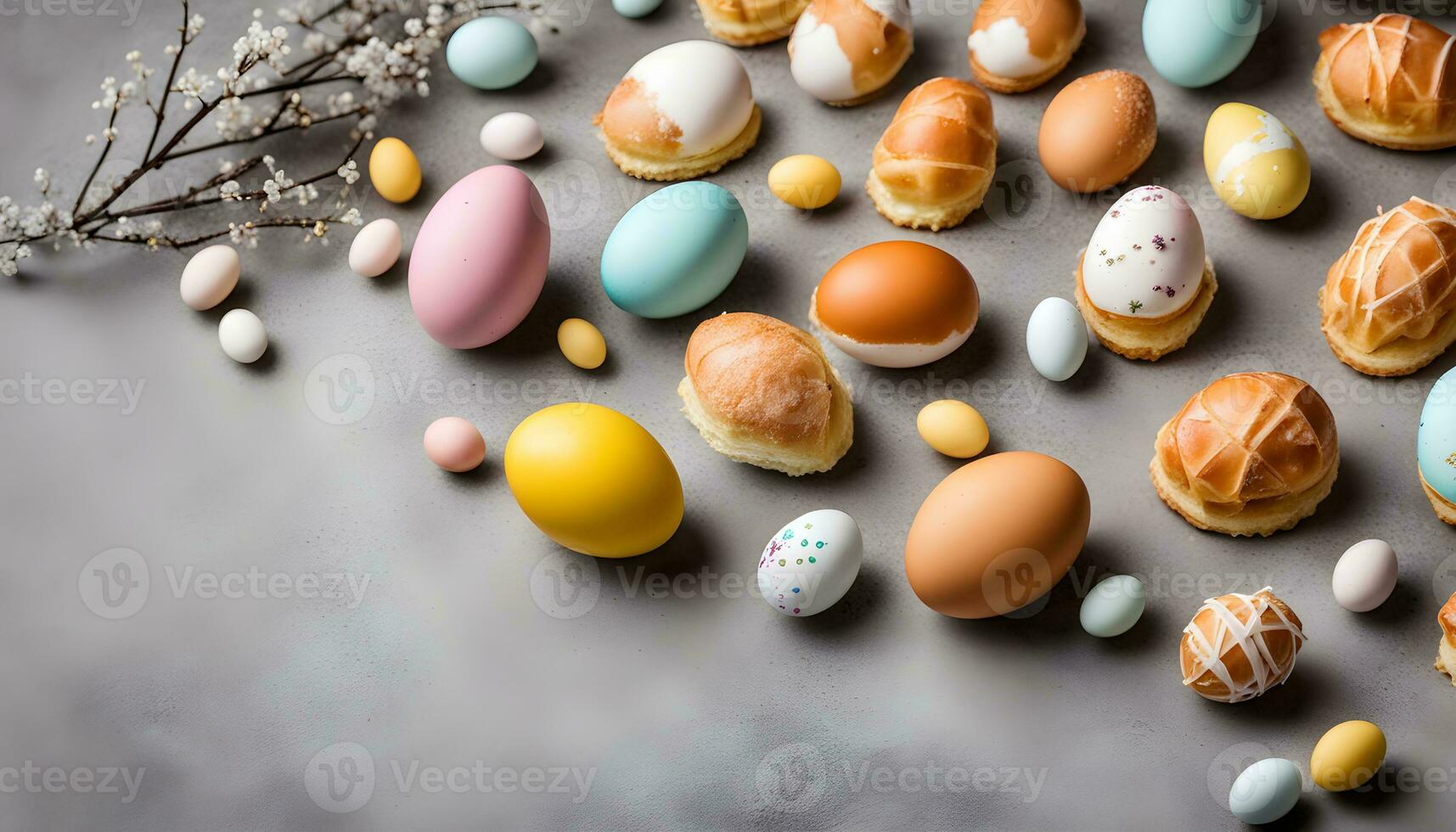 AI generated colorful easter eggs and pastries on a gray background photo