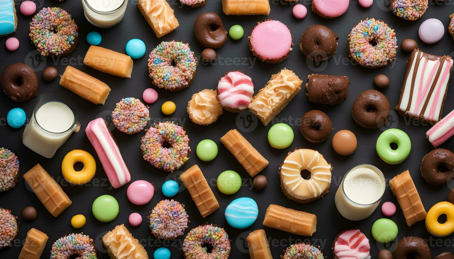 AI generated assortment of colorful sweets and doughnuts on a black background photo