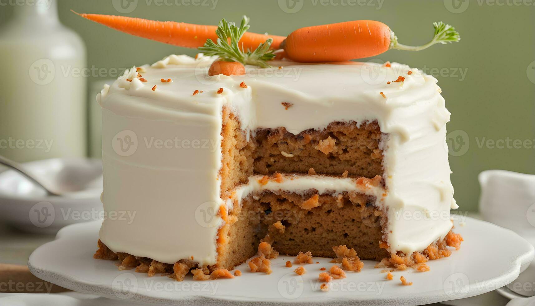 AI generated a carrot cake with frosting and a carrot on top photo