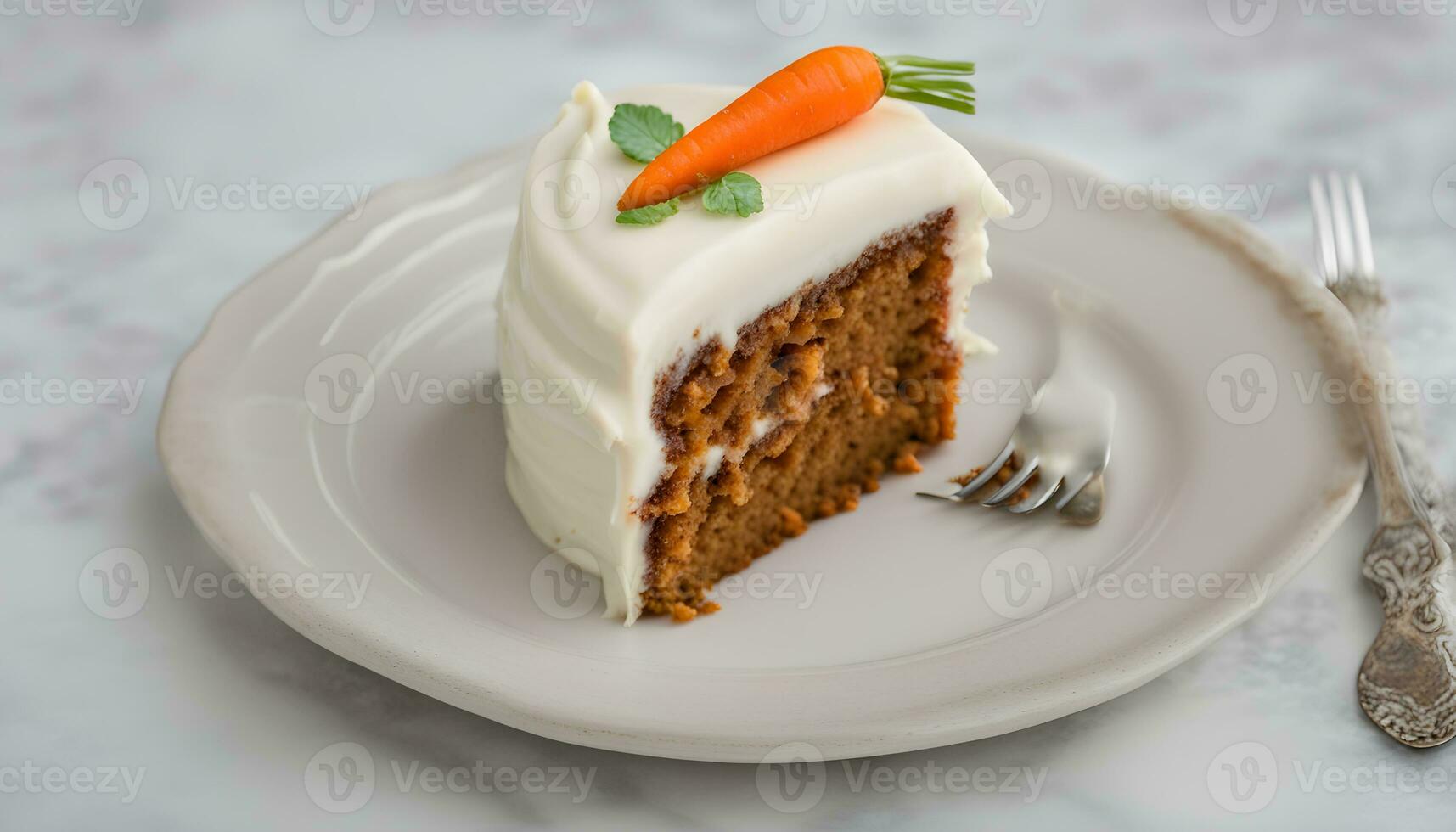 AI generated a piece of carrot cake on a plate with a fork photo
