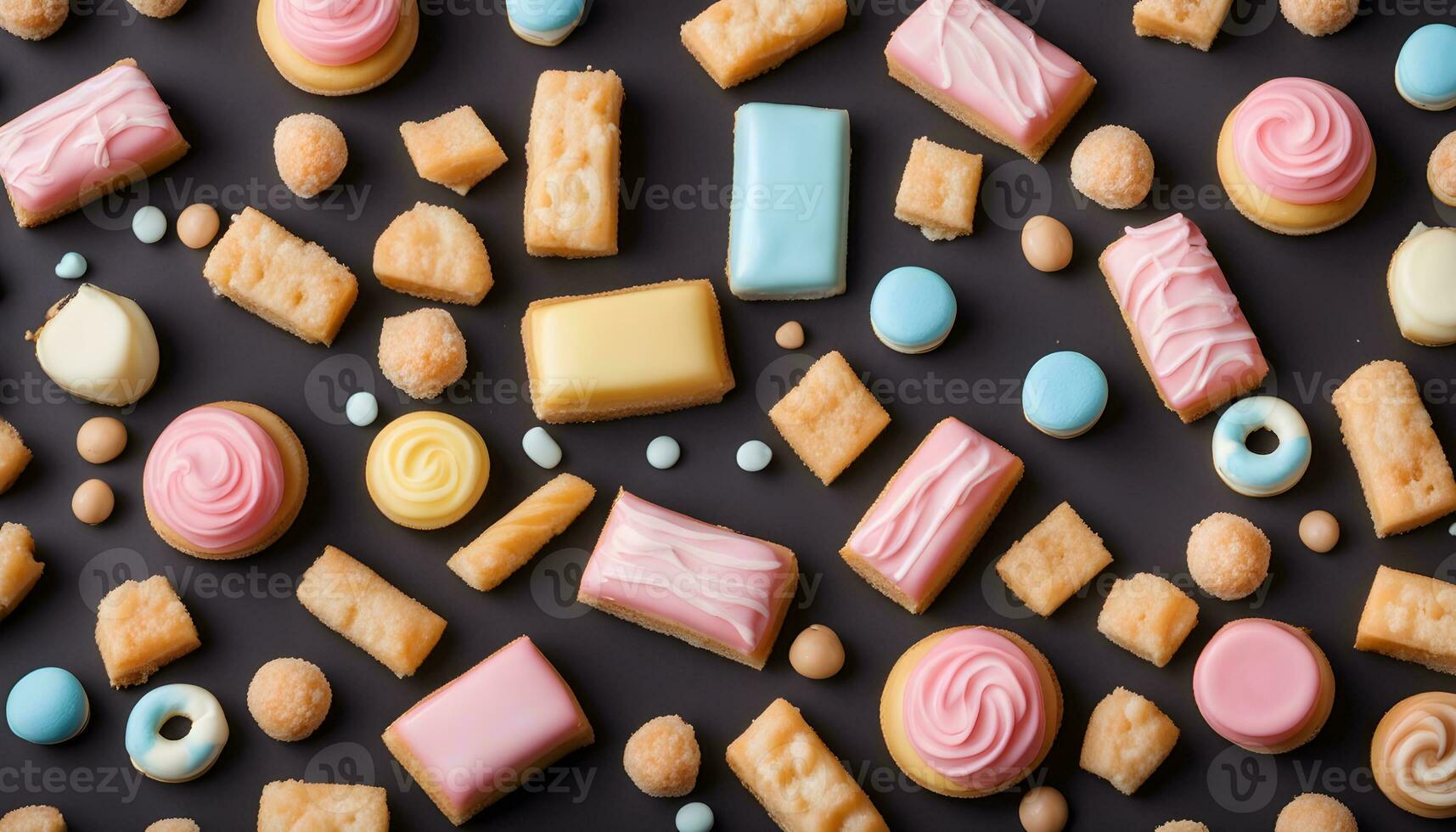 AI generated a variety of colorful cookies and pastries on a black background photo