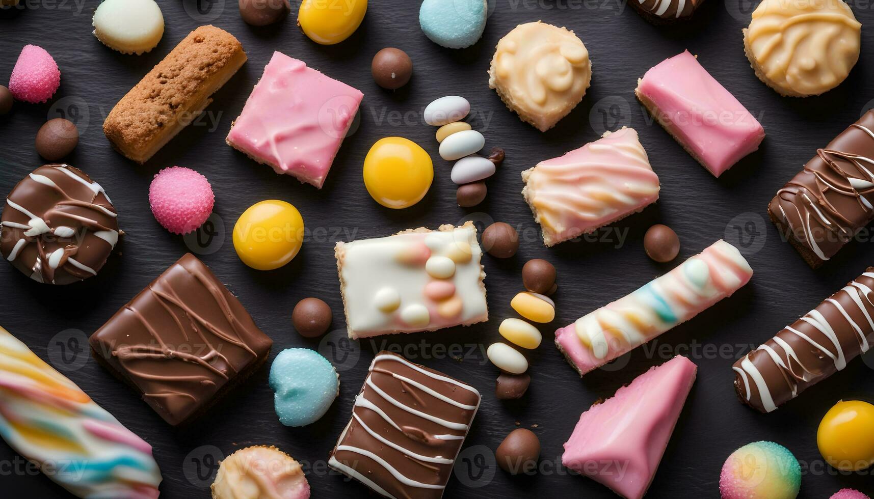 AI generated various types of chocolate and candy on a black background photo