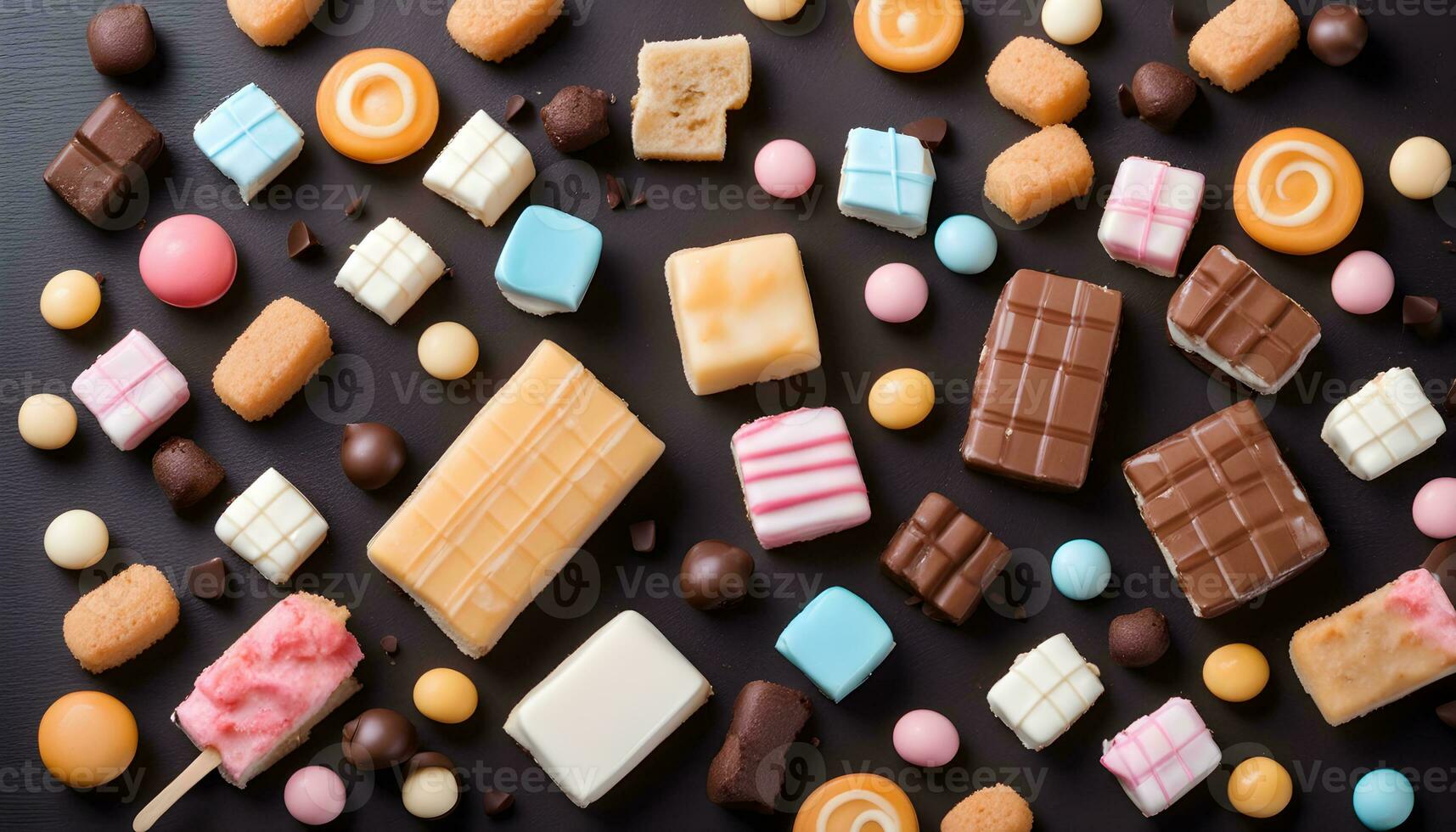 AI generated assorted sweets and candies on a black background photo