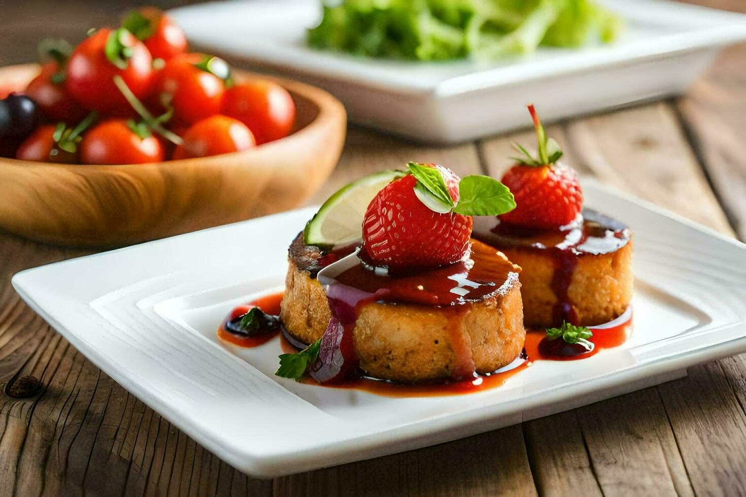 two small plates with food on them. AI-Generated photo