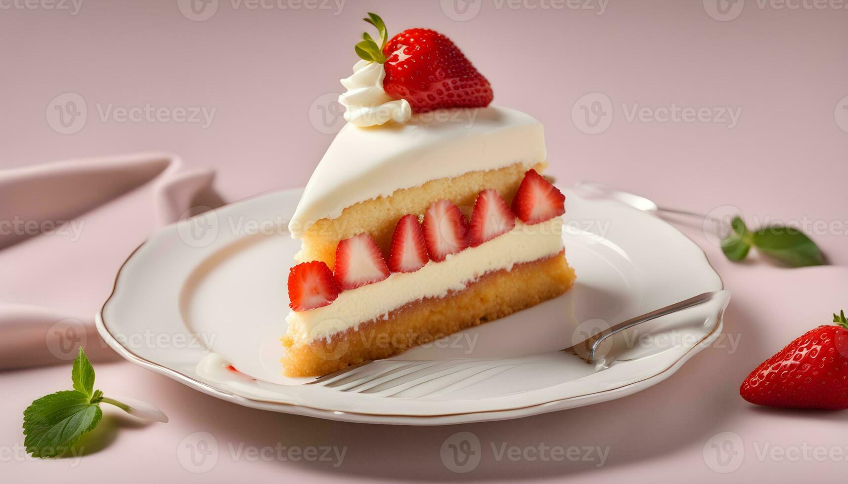 ai generado un rebanada de pastel con fresas en parte superior foto