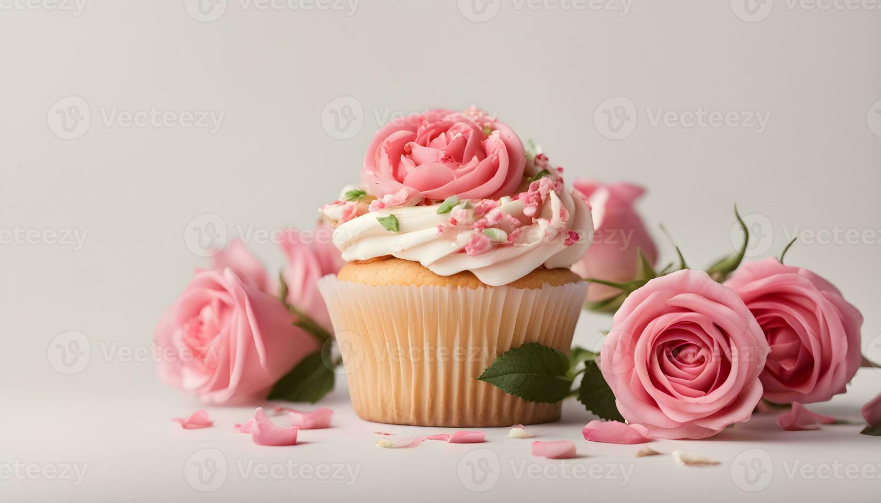 AI generated cupcake with pink roses on white background photo