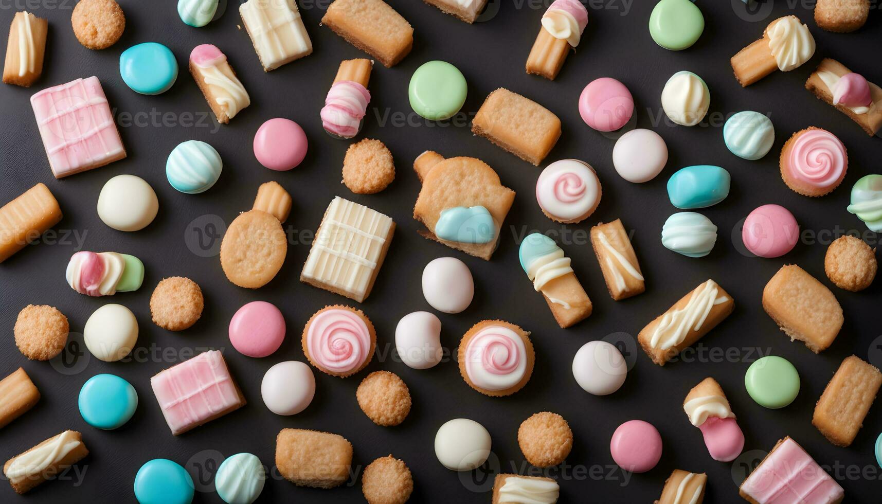 AI generated many different types of cookies and candies on a black background photo