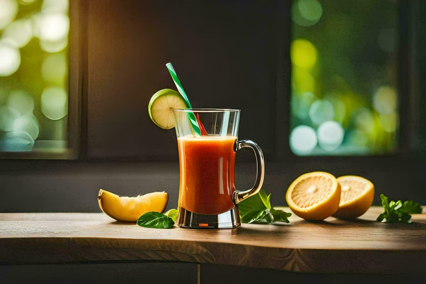 a glass of juice with a slice of melon and a lime. AI-Generated photo