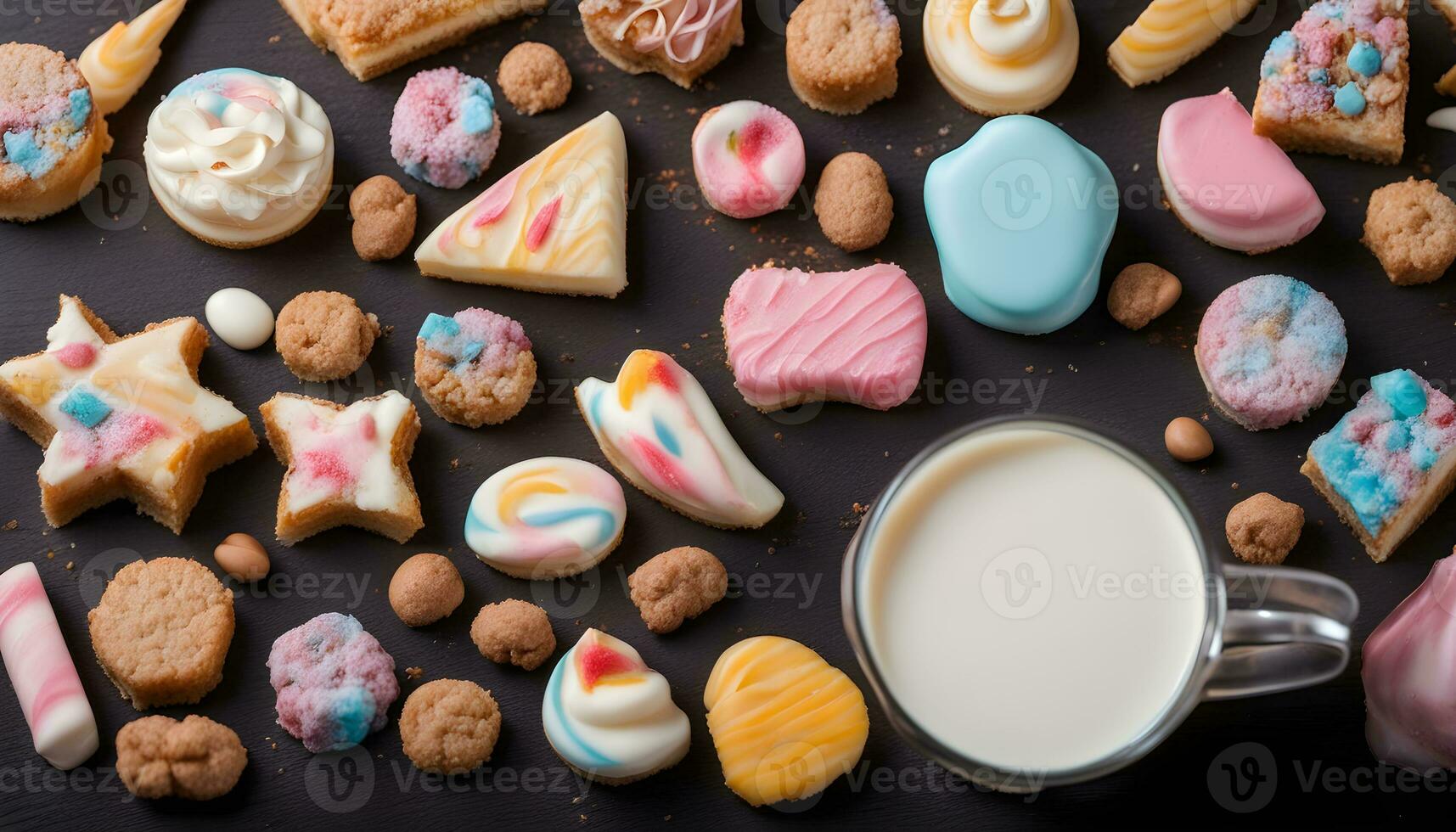 ai generado varios galletas y Leche en un negro antecedentes foto