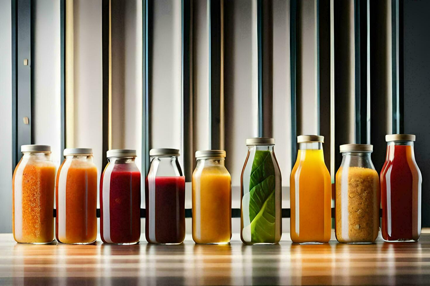 un fila de botellas con diferente de colores jugos generado por ai foto
