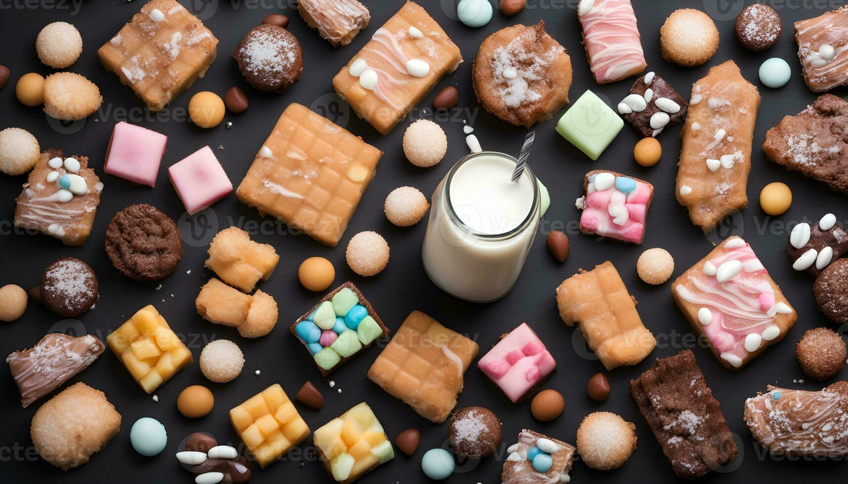 AI generated assorted cookies and milk on a black background photo