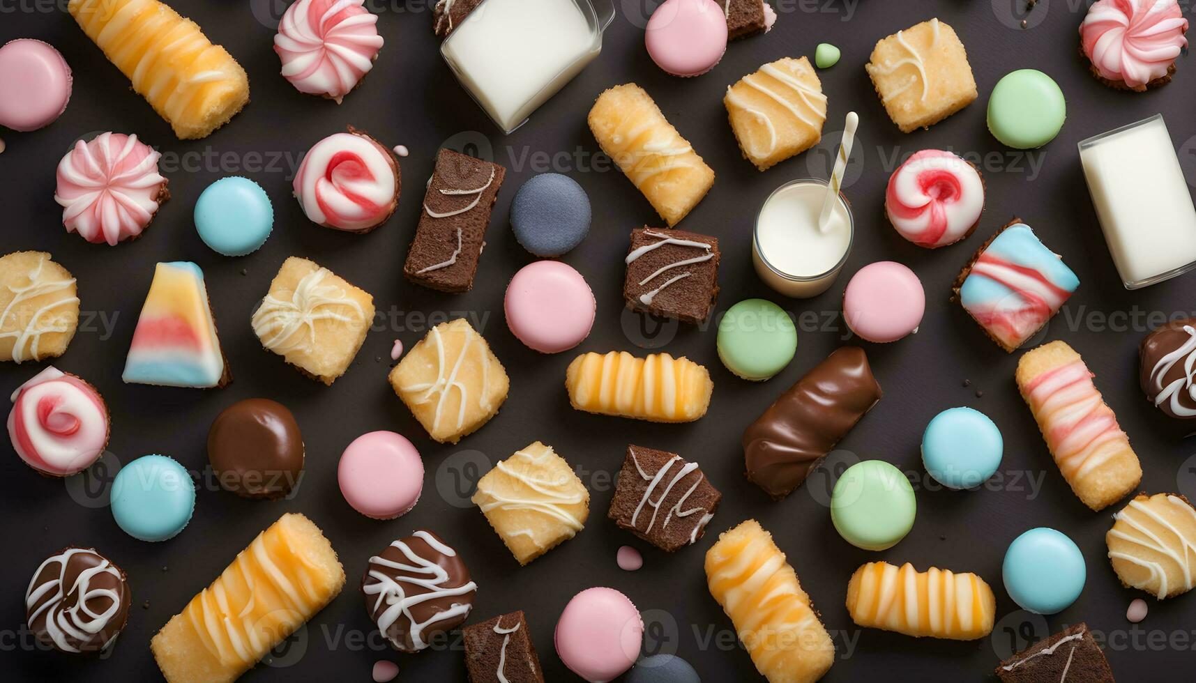 AI generated various types of sweets and candies on a black background photo