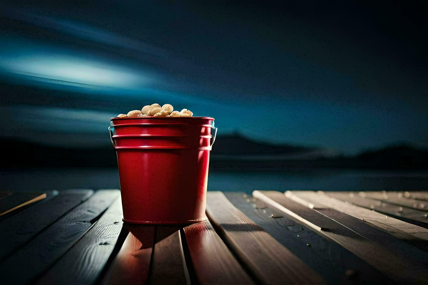 a red bucket sitting on a wooden table with a full moon in the background. AI-Generated photo