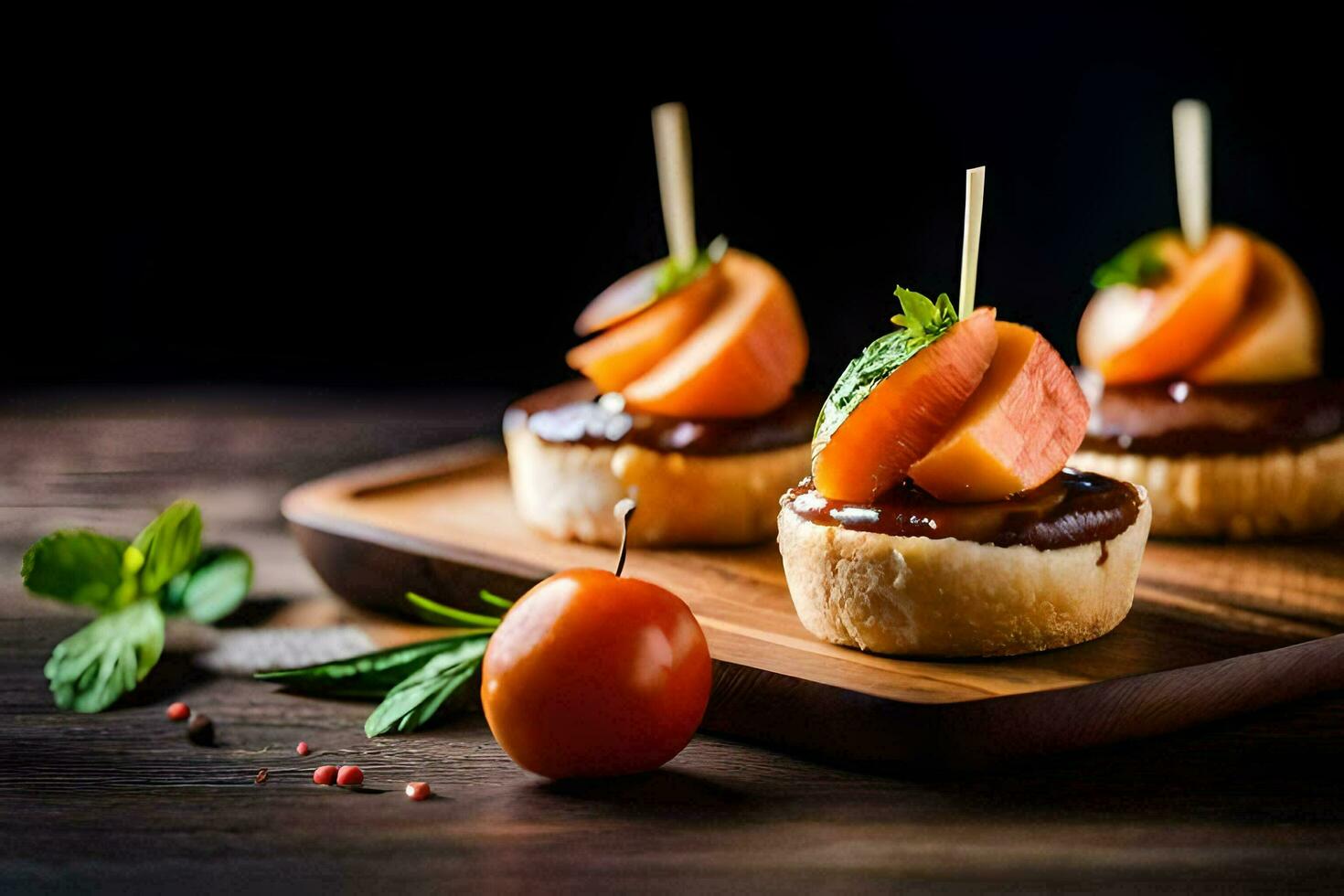 small appetizers with fruit and chocolate on a wooden board. AI-Generated photo