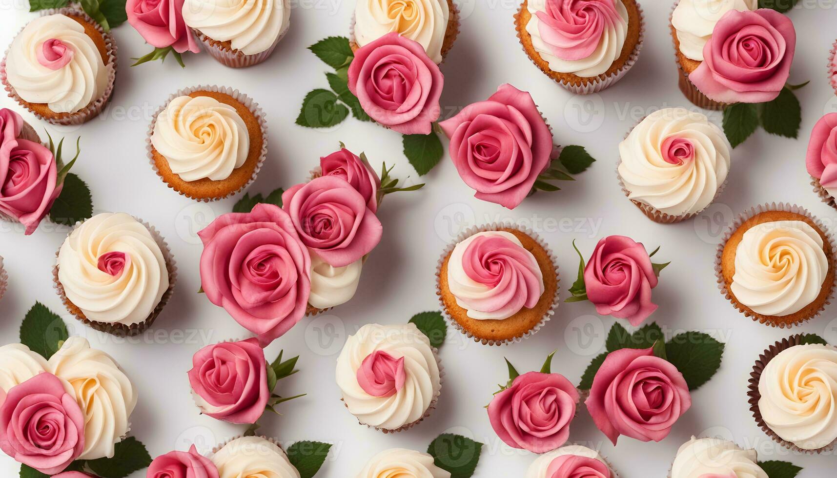 AI generated many cupcakes with pink and white frosting photo