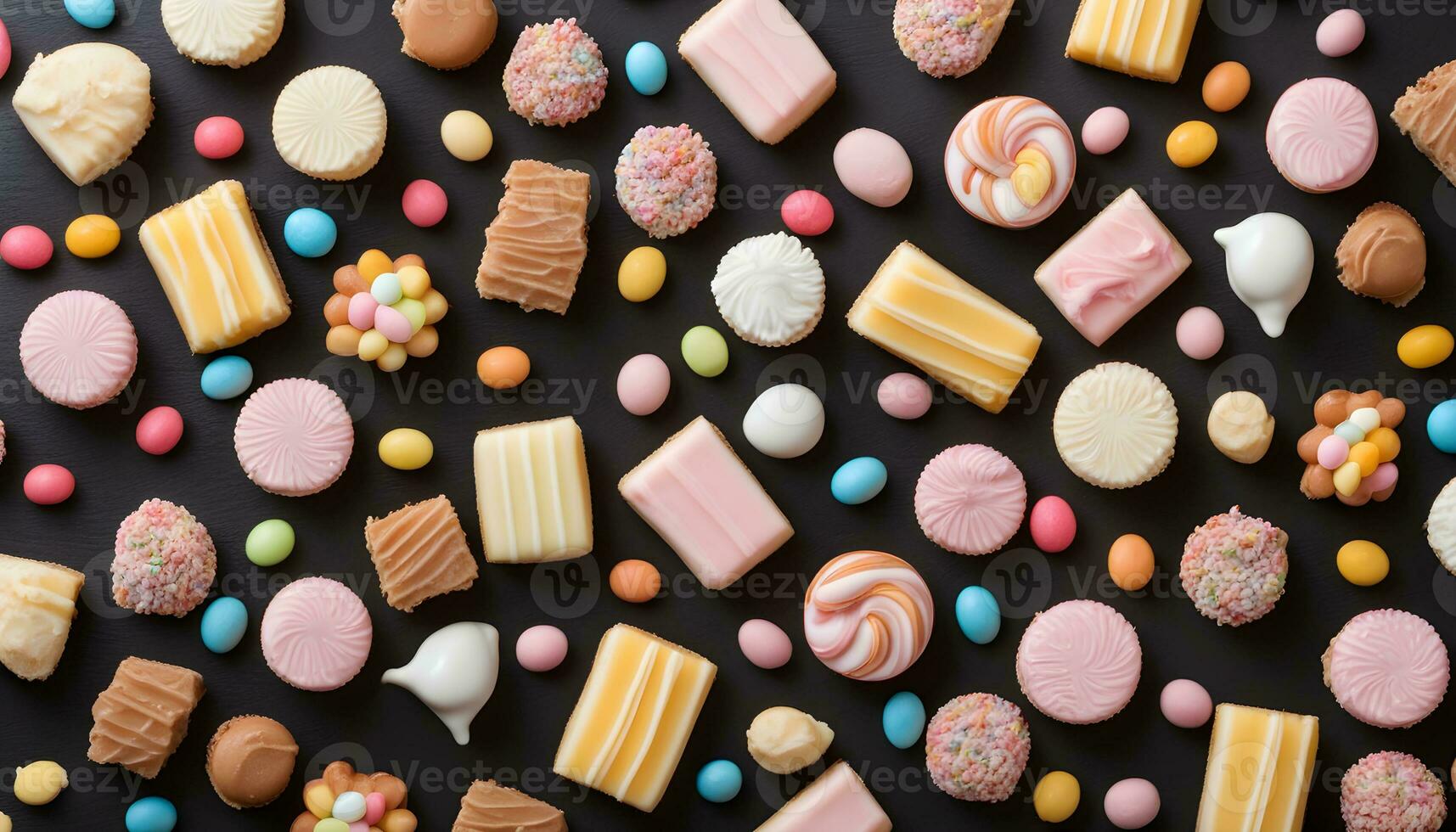 AI generated many different kinds of cookies and candies on a black background photo