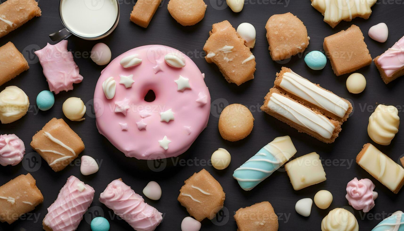 AI generated a pink doughnut surrounded by various pastries photo