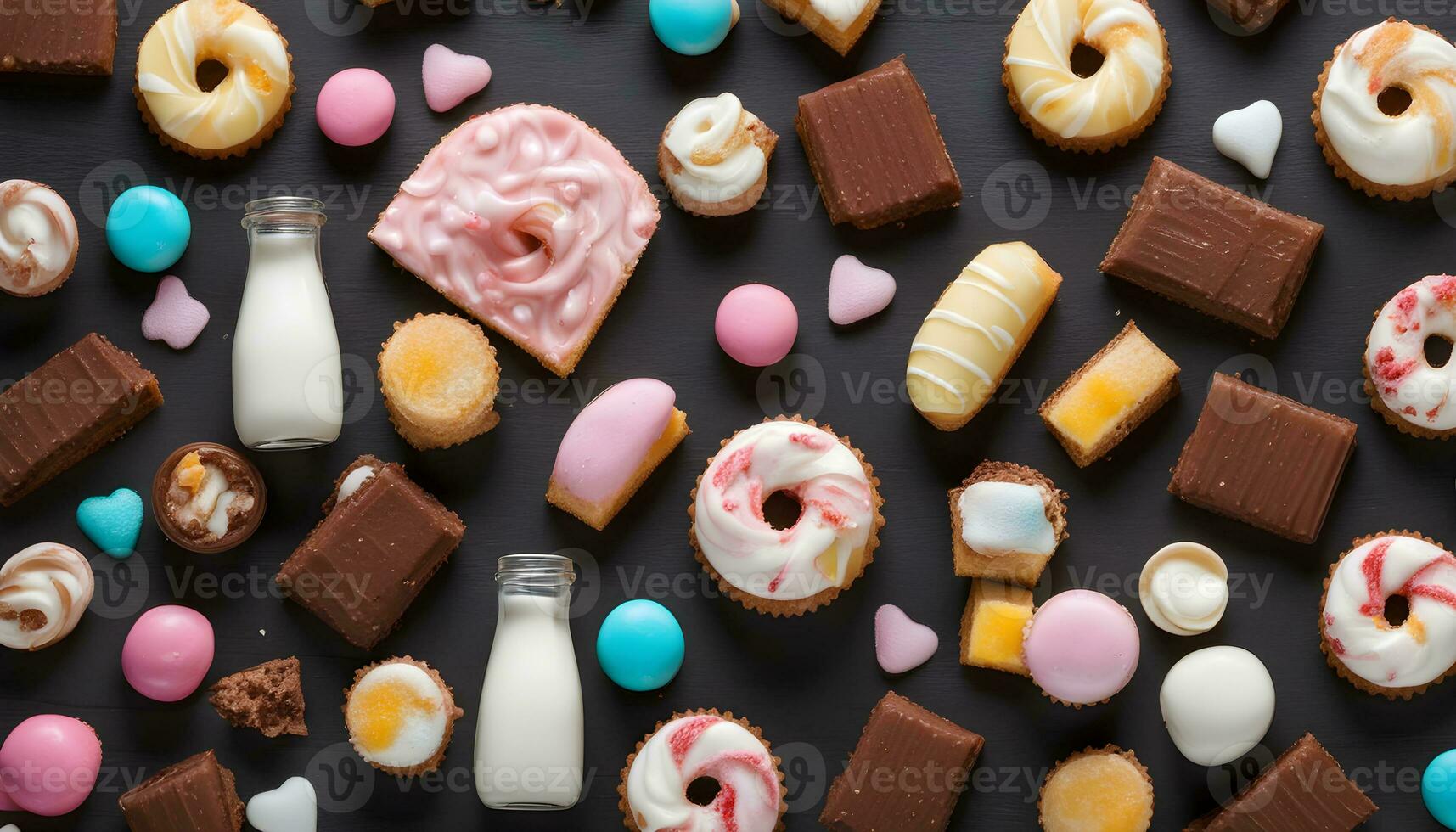 AI generated various types of sweets and pastries on a black background photo