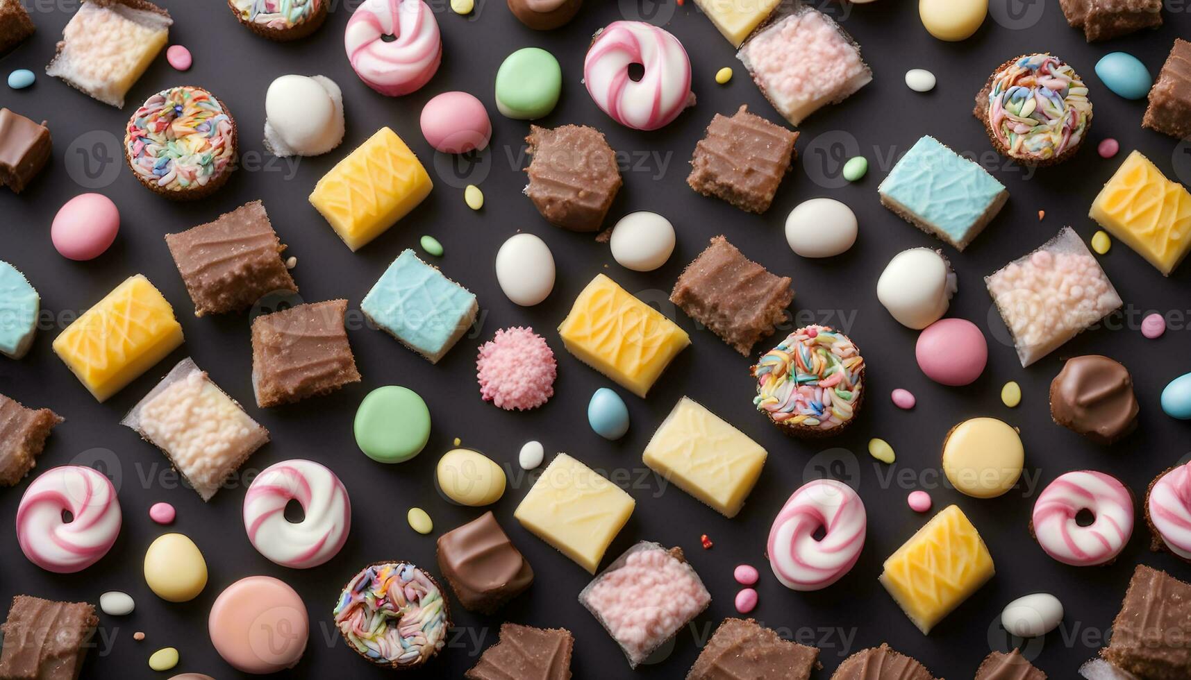 AI generated various types of sweets and candy on a black background photo