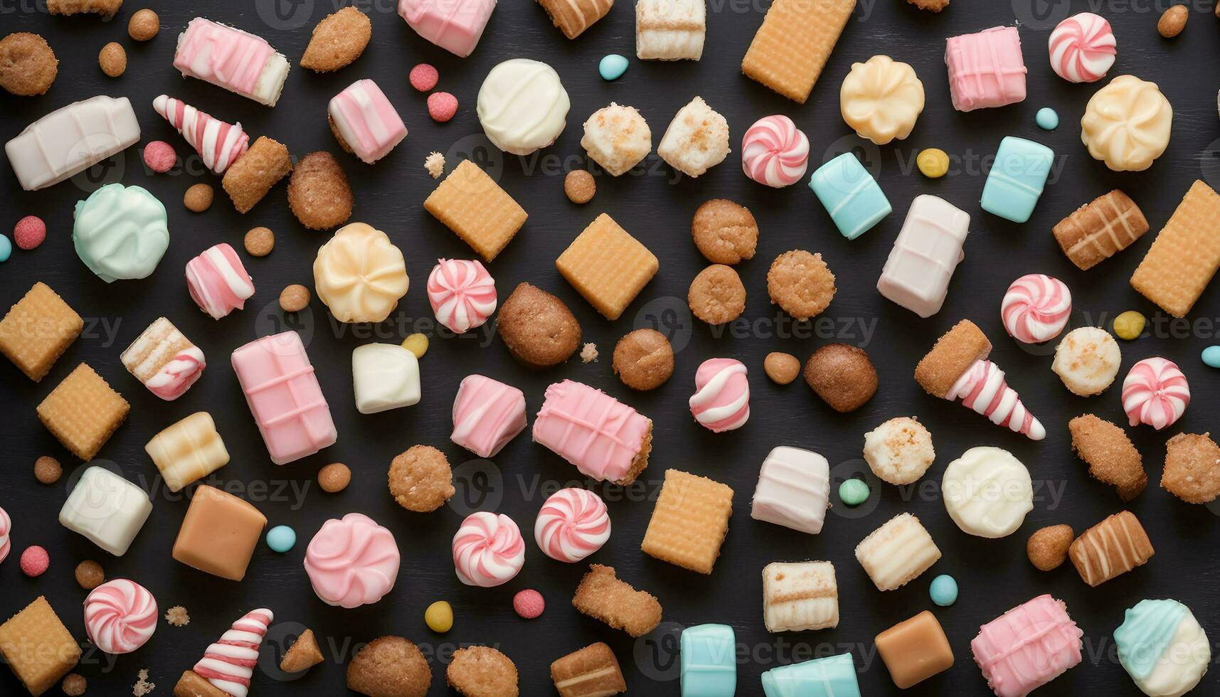 AI generated many different kinds of cookies and candies on a black background photo