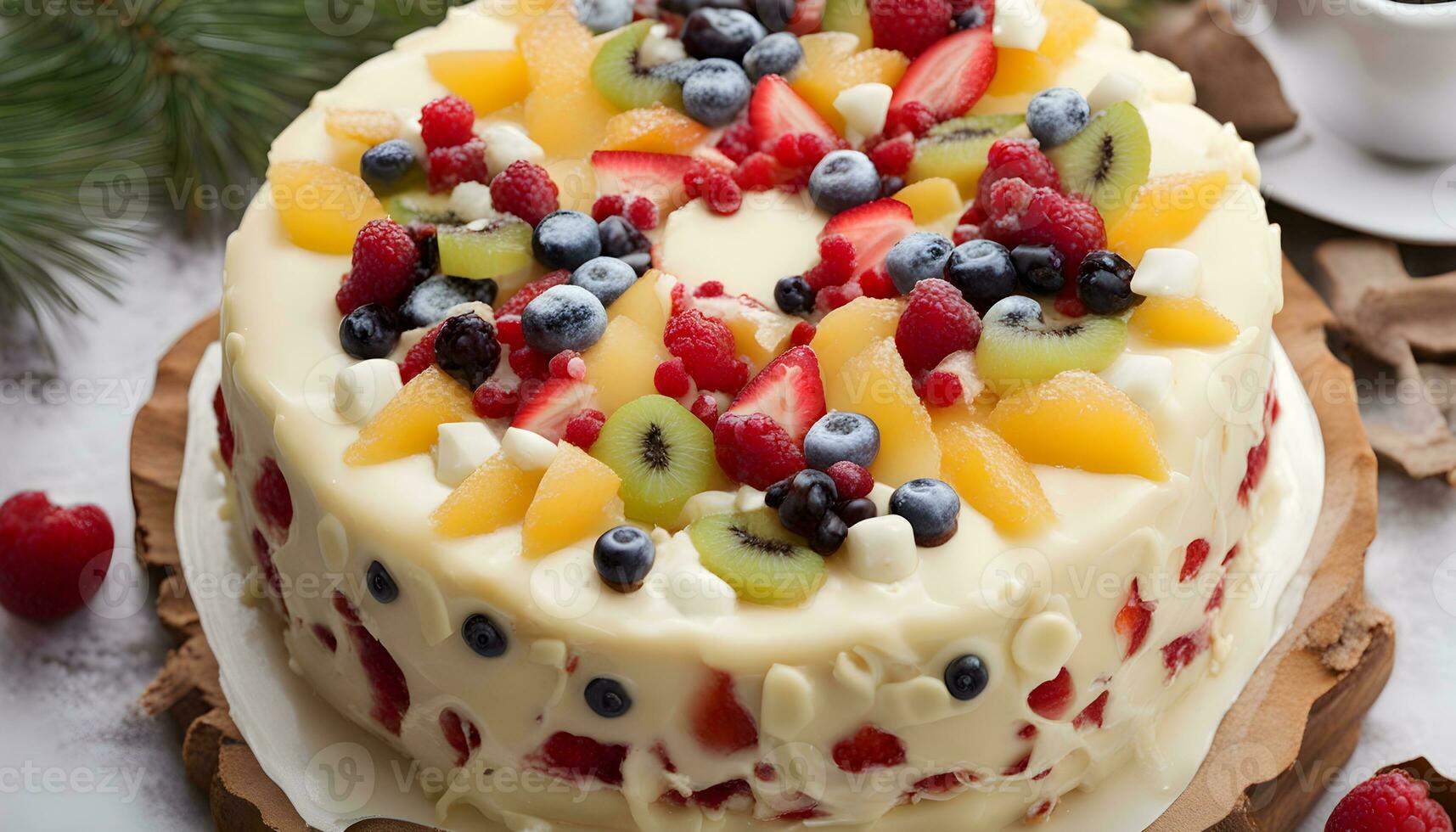 AI generated a cake with fruit on top and a cup of coffee photo
