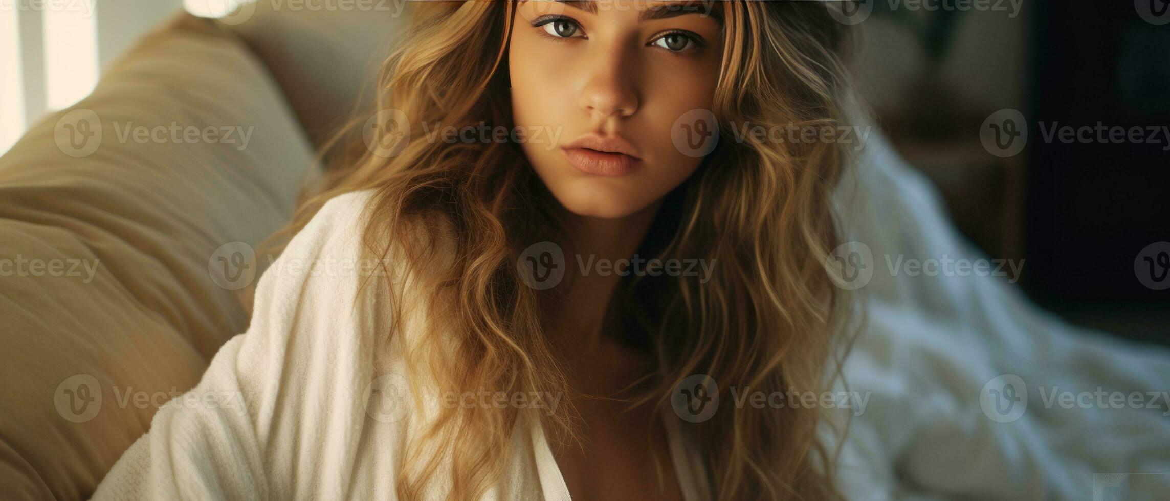 AI generated Enchanting young woman in bed. AI generative. photo