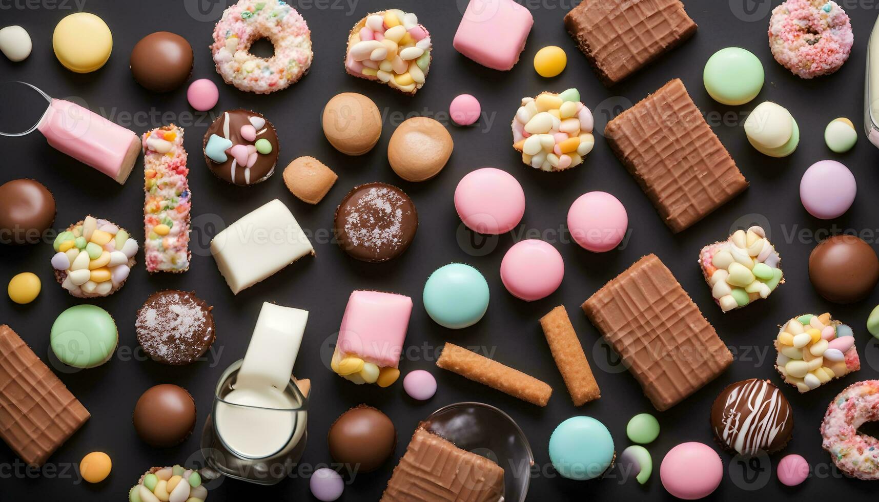 AI generated various types of chocolate and sweets on a black background photo