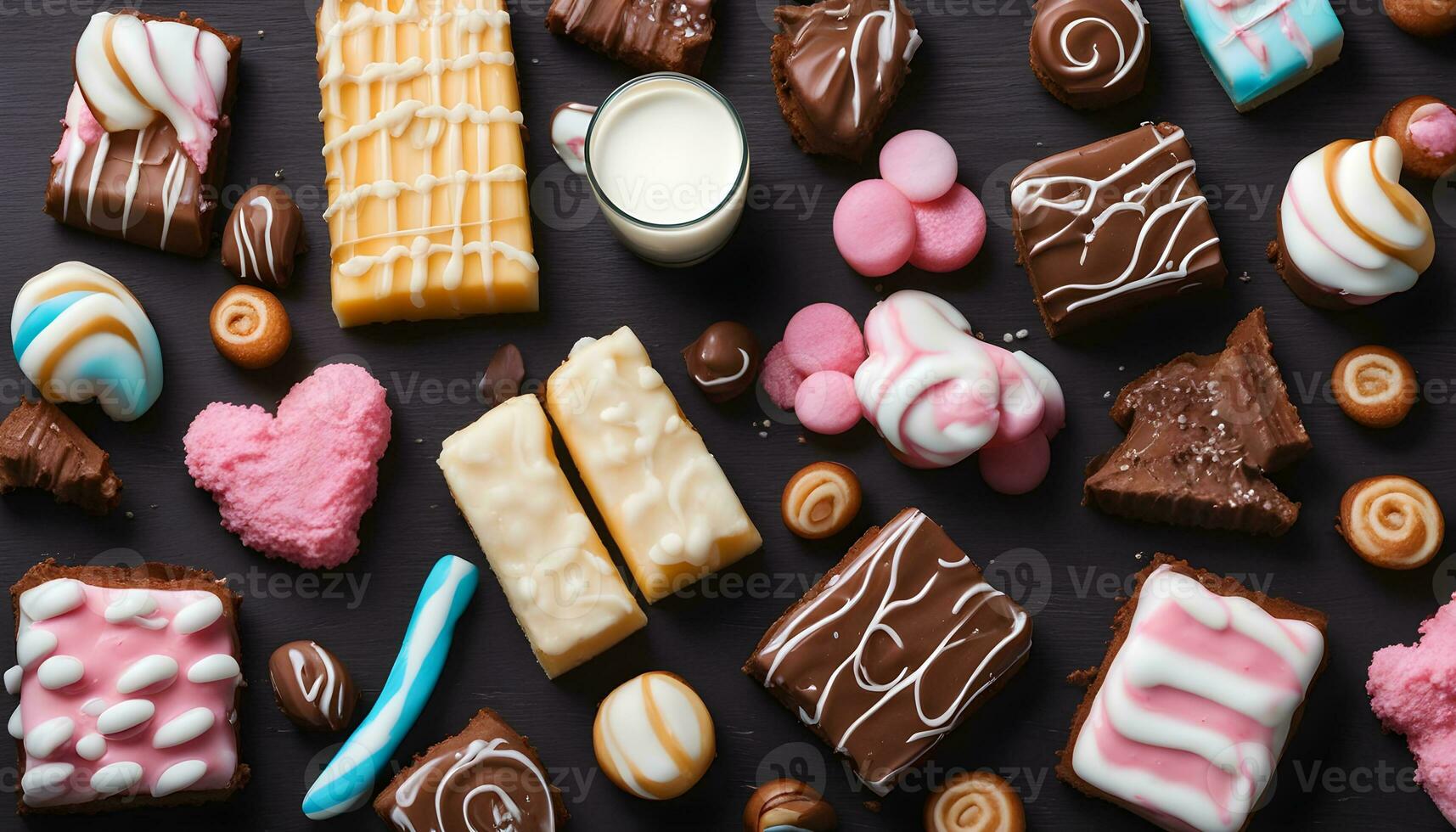 AI generated assorted sweets and candies on a black background photo