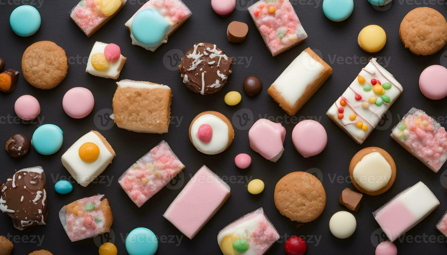 AI generated assorted cookies and sweets on a black background photo