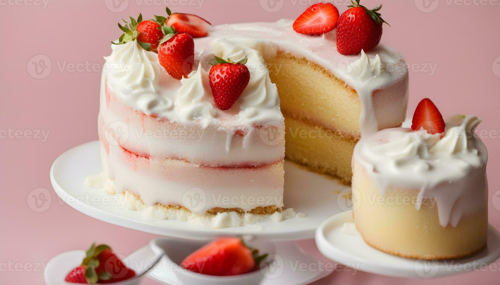 ai generado un rebanada de pastel con fresas en parte superior foto