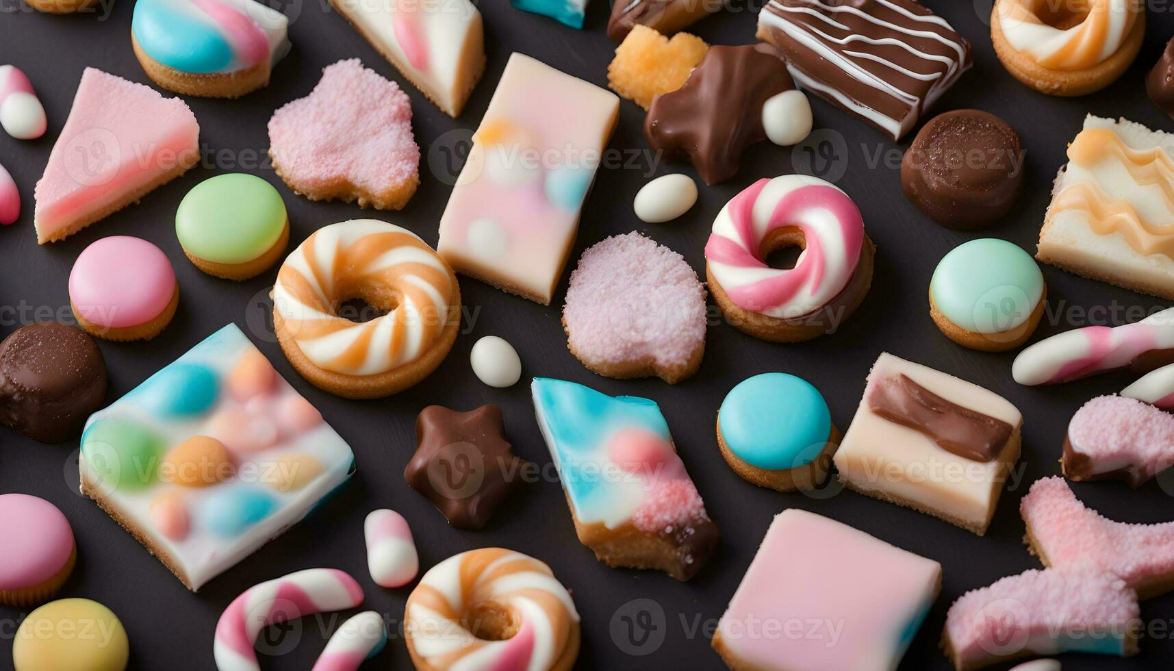 AI generated assortment of colorful sweets on a black background photo