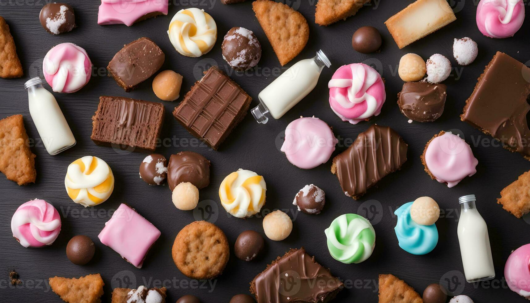 AI generated assorted cookies and sweets on a black background photo