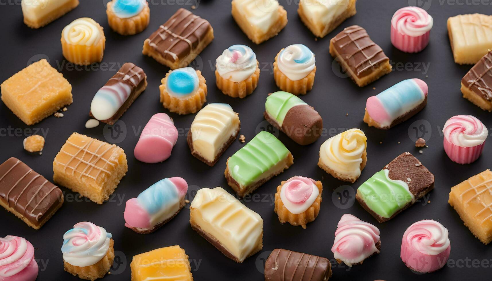AI generated assorted sweets on a black background photo