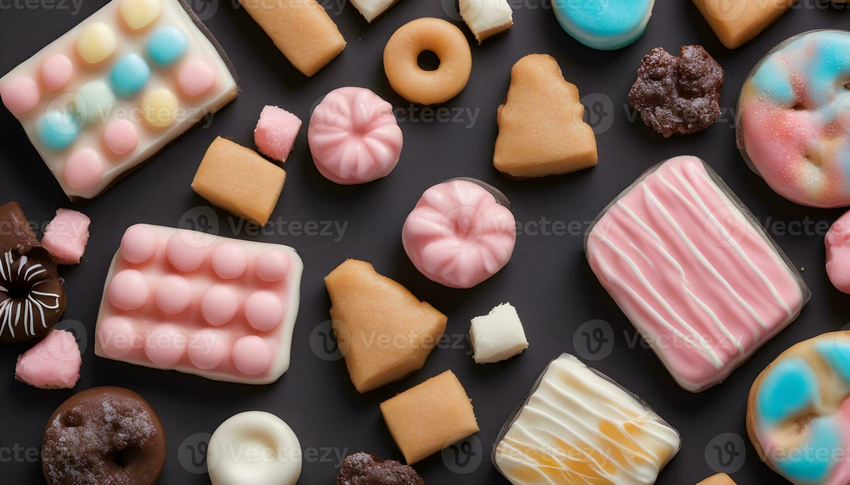 AI generated assorted sweets on a black background photo
