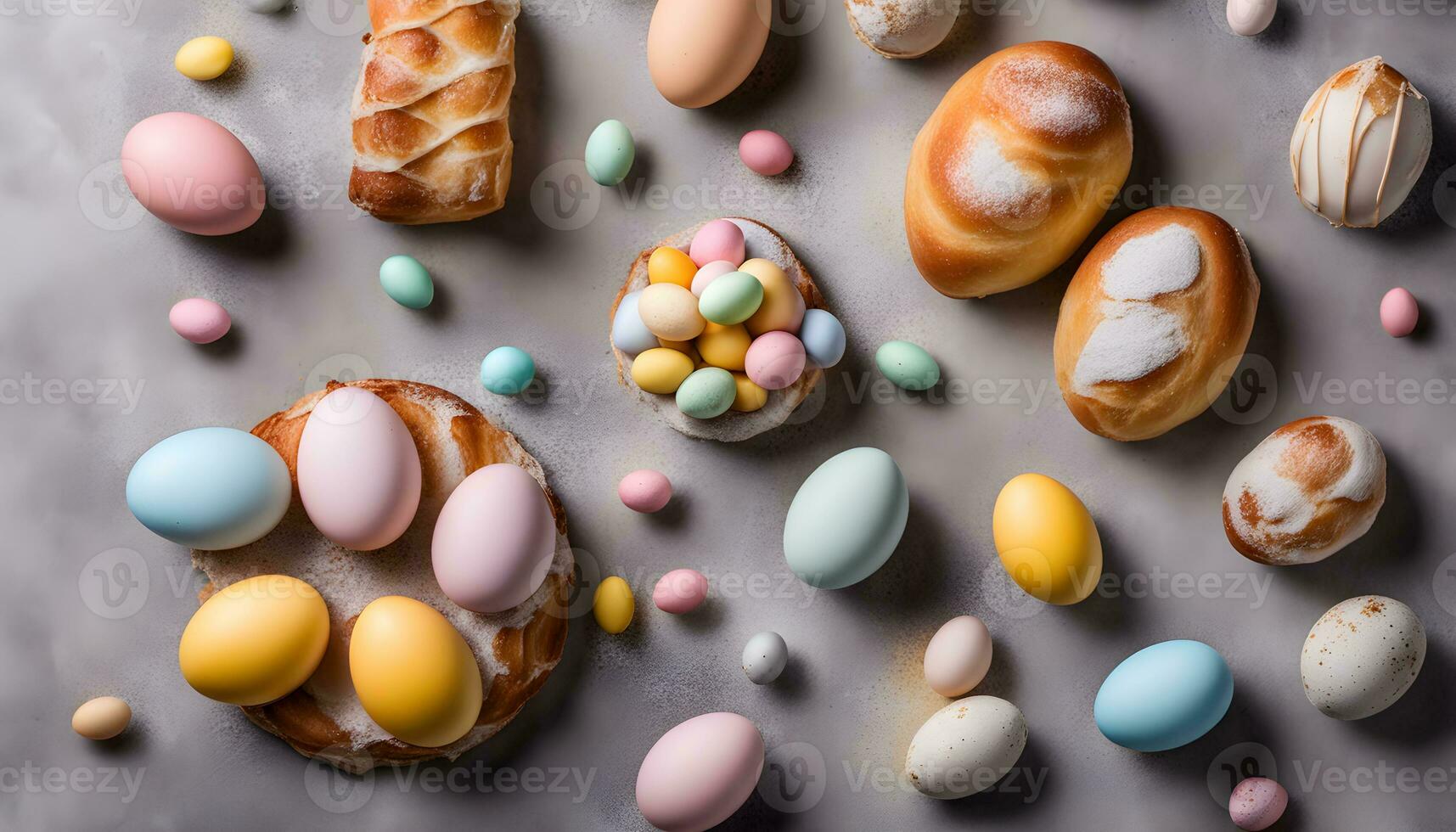 AI generated colorful easter eggs and bread on a table photo