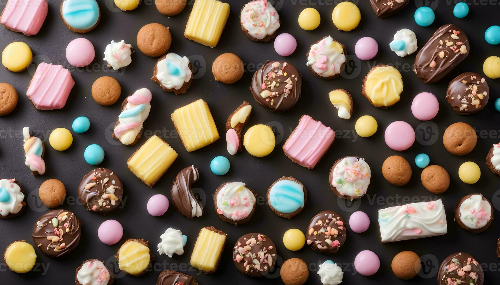 AI generated various colorful cookies and candies on a black background photo